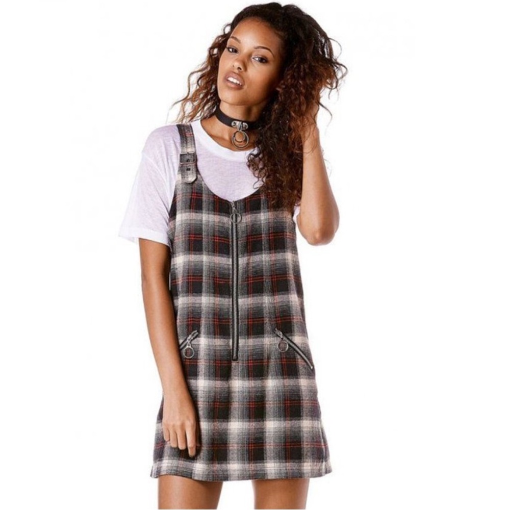 Plaid Zipper Pinafore Dress - Gray Multi